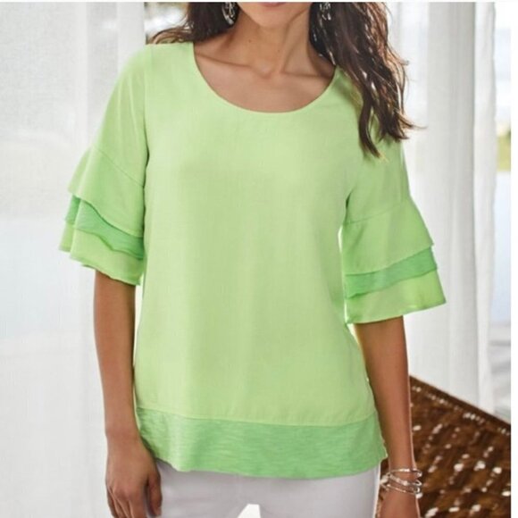 Soft Surroundings Oakleigh Margarita Green Tired Bell Sleeve Top Size M - Picture 2 of 10